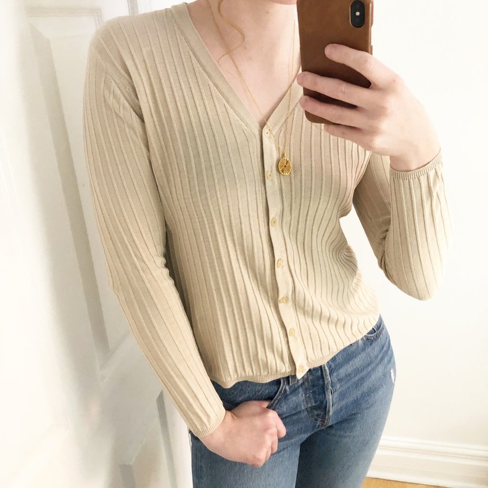 Vintage 100% Silk Ribbed V-Neck Cardigan Sweater